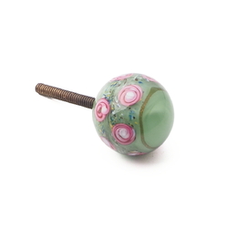 Antique Czech pink floral green satin lampwork glass ball chandelier jewelry finial bead
