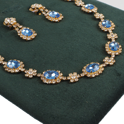 Sample card Czech vintage crystal glass rhinestone Set Sapphire Blue Necklace Earrings 