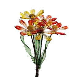 Czech lampwork glass bead red yellow daisy flowers stem ornament