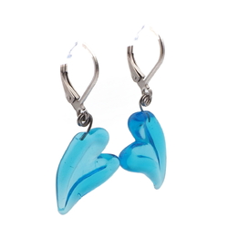 Pair Czech lampwork blue heart glass bead earrings