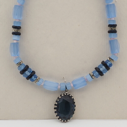 Vintage Czech rhinestone pendant necklace blue satin atlas glass beads 