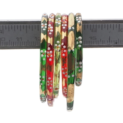 Lot (6) Antique Czech gold gilt enamel green red faceted glass bangles