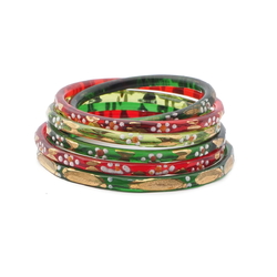 Lot (6) Antique Czech gold gilt enamel green red faceted glass bangles