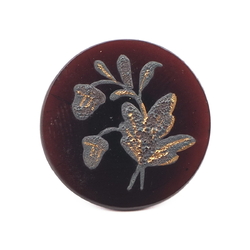 Antique Victorian Czech gold gilt black flower glass button 18mm