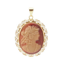 Vintage Czech gold tone filigree frame brown glass cameo necklace pendant