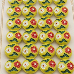 Card (24) Czech vintage hand painted flower yellow glass buttons 13mm