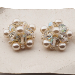 Pair Czech vintage AB pearl glass bead cluster clip earrings