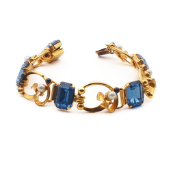 Czech vintage gold floral scroll link bracelet blue glass rhinestones