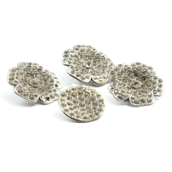 Lot (4) Vintage Czech silver metal flower clear glass rhinestone buttons
