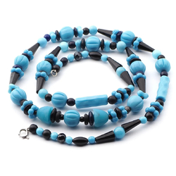 Vintage necklace Czech Art Deco blue black glass beads 28"