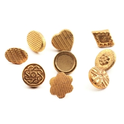 Lot (9) Vintage German brass round, heart and flower tiny dimi doll size buttons