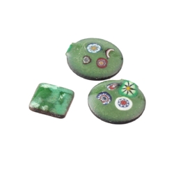 Lot (3) antique Czech millefiori abstract green glass over metal tile cabochons