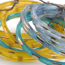 Lot (13) Antique Czech blue yellow bicolor glass bangles rings hoops gold gilt